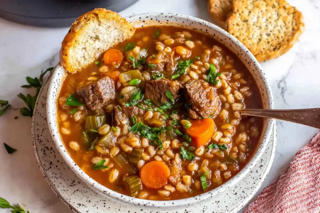 Bowl of hearty Beef Barley Soup with tender beef, carrots, celery, and barley, served with fresh bread.