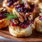 Baked Cranberry Brie Bites topped with cranberry sauce, pecans, and rosemary on a wooden serving board.
