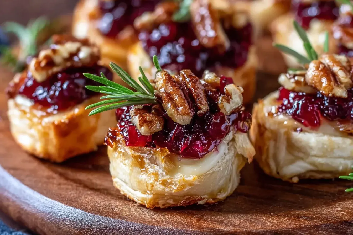 Baked Cranberry Brie Bites topped with cranberry sauce, pecans, and rosemary on a wooden serving board.