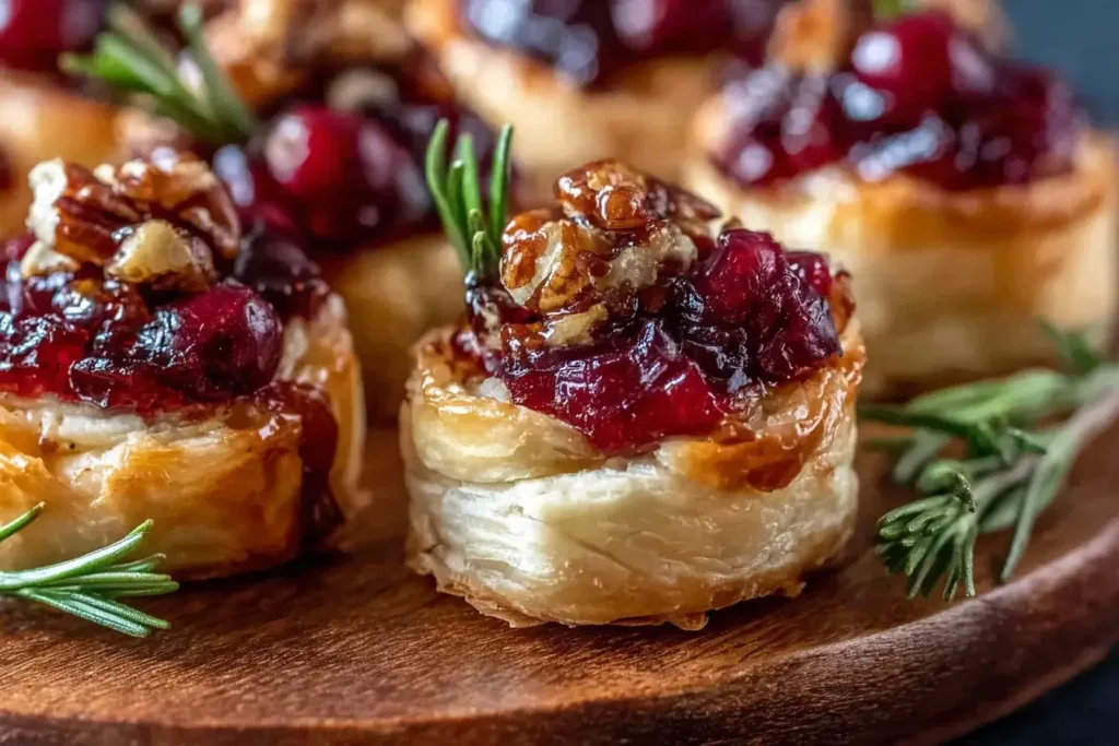 Baked Cranberry Brie Bites topped with cranberry sauce, pecans, and rosemary on a wooden board.
