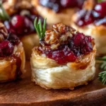 Baked Cranberry Brie Bites topped with cranberry sauce, pecans, and rosemary on a wooden board.