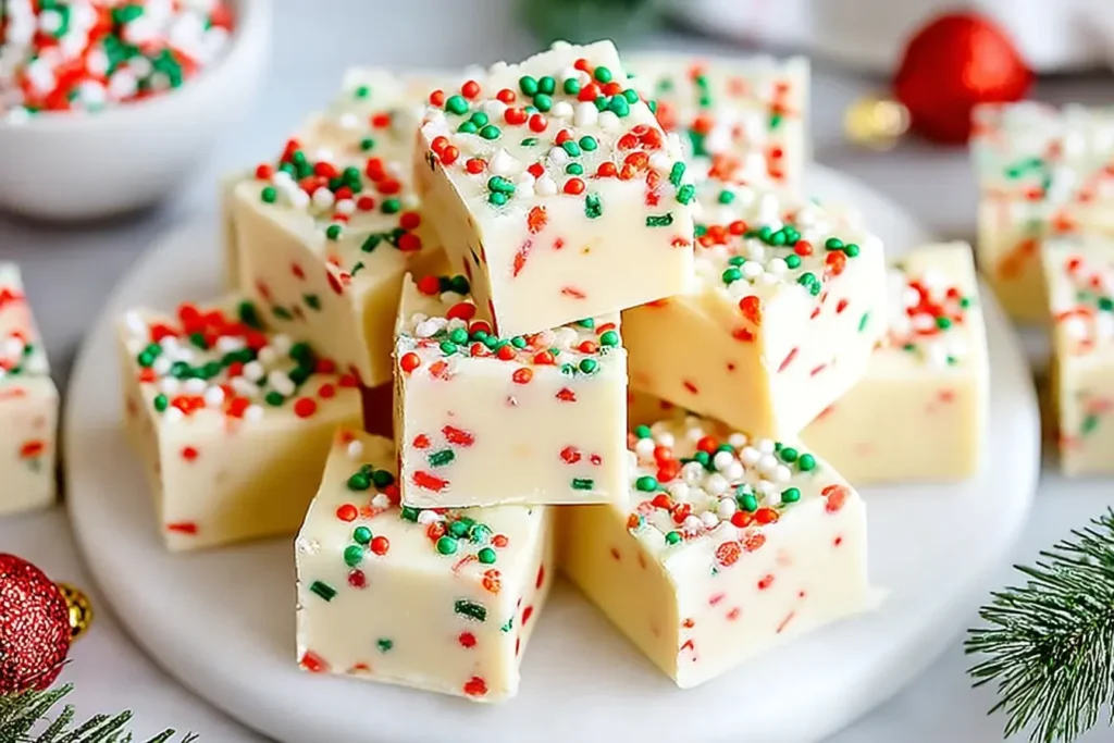 Stack of Sugar Cookie Christmas Fudge topped with festive red, green, and white sprinkles on a white serving plate.