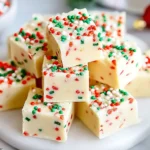 Stack of Sugar Cookie Christmas Fudge topped with festive red, green, and white sprinkles on a white serving plate.