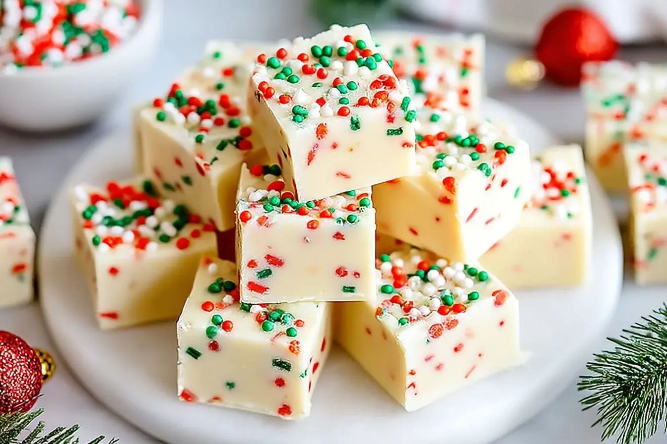Stack of Sugar Cookie Christmas Fudge topped with festive red, green, and white sprinkles on a white serving plate.
