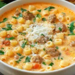 Creamy Parmesan Italian Sausage Ditalini Soup in a bowl with pasta, sausage, spinach, and Parmesan in a rich, creamy broth.
