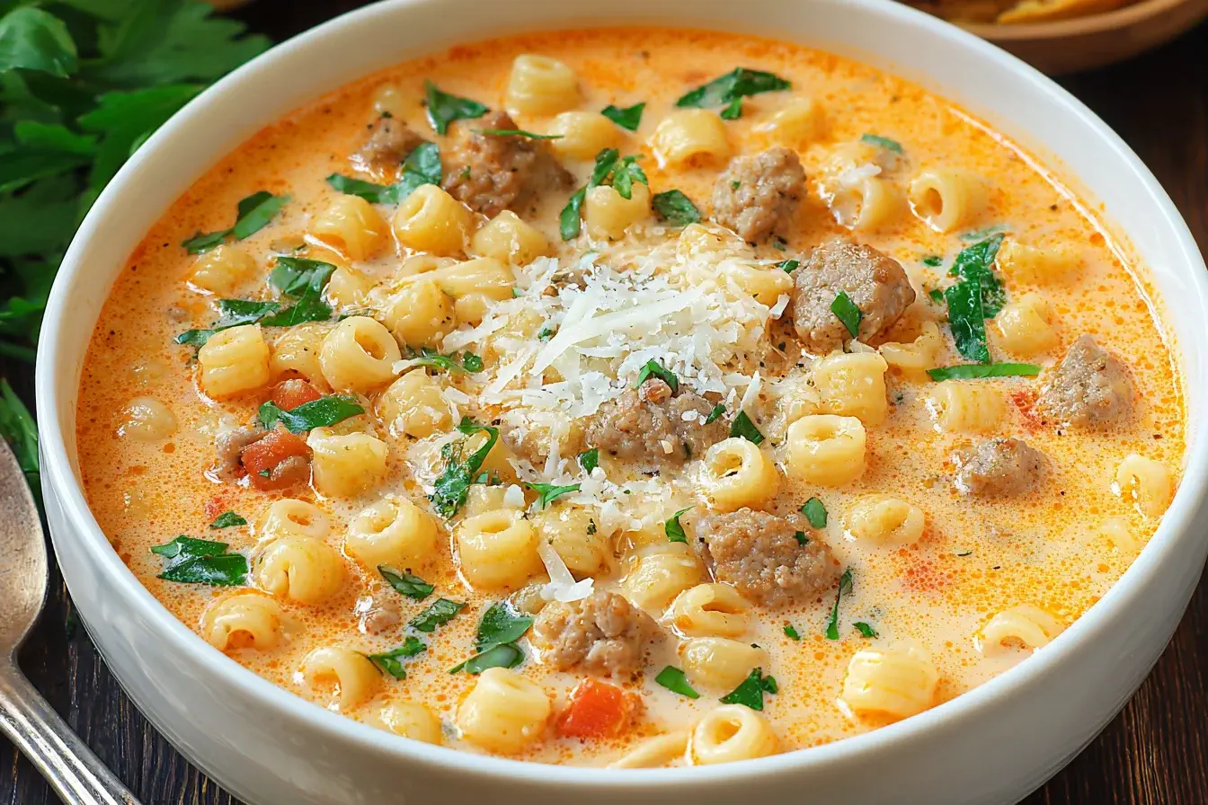 Creamy Parmesan Italian Sausage Ditalini Soup in a bowl with pasta, sausage, spinach, and Parmesan in a rich, creamy broth.