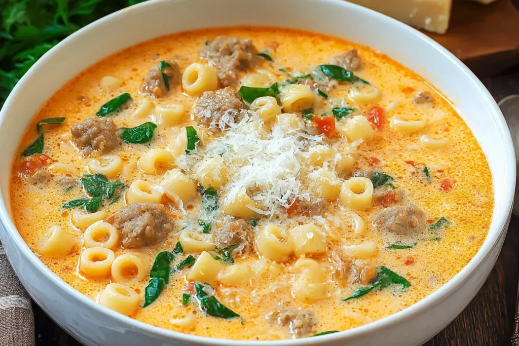Creamy Parmesan Italian Sausage Ditalini Soup with tender pasta, Italian sausage, fresh spinach, and Parmesan in a rich orange-tinted broth.