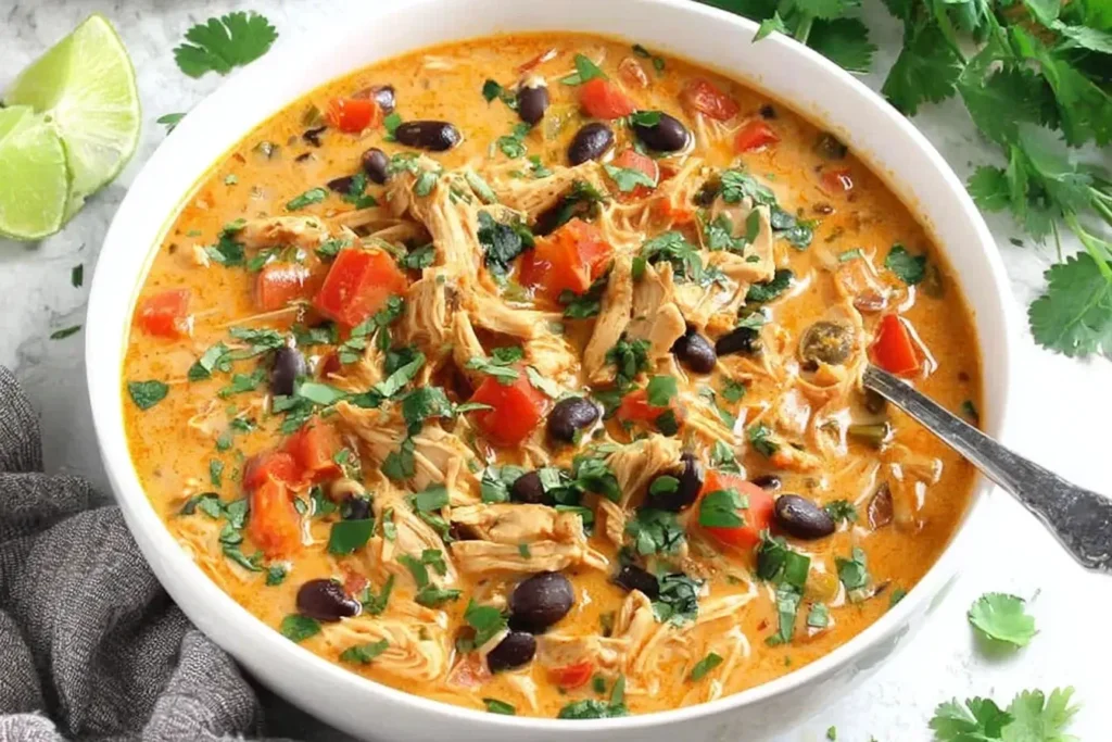 Bowl of Slow Cooker Creamy Southwest Chicken Soup filled with shredded chicken, black beans, peppers, and fresh cilantro.