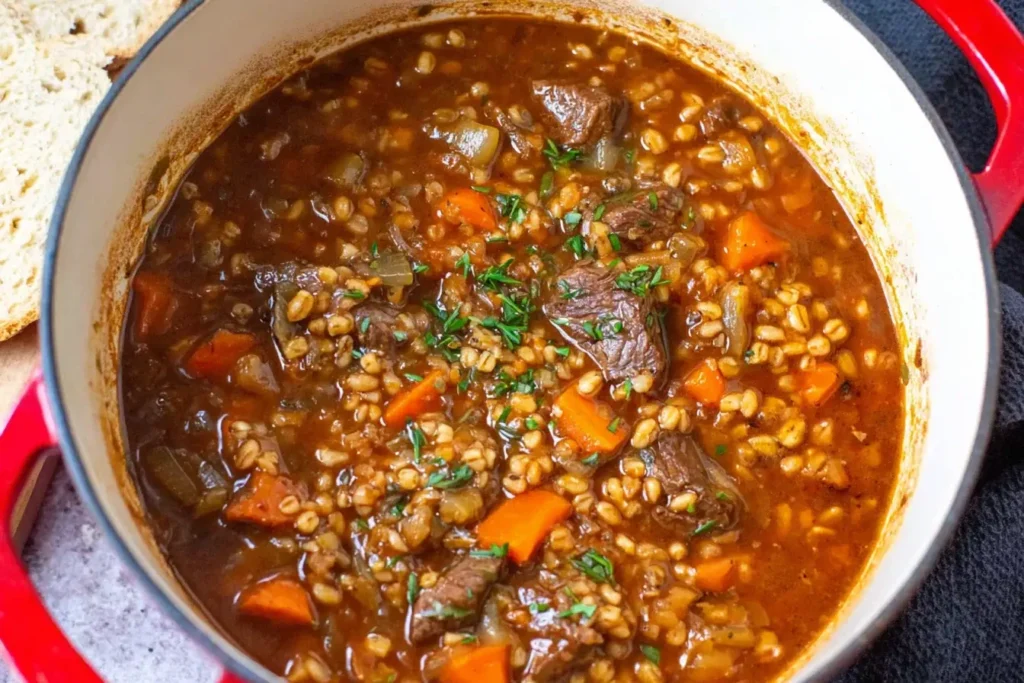 Hearty Beef Barley Soup simmering in a red Dutch oven with tender beef, carrots, onions, and pearl barley.