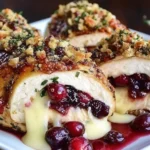 Cranberry Brie Stuffed Chicken with melted brie, tart cranberry sauce, and golden breadcrumb topping on a white plate.