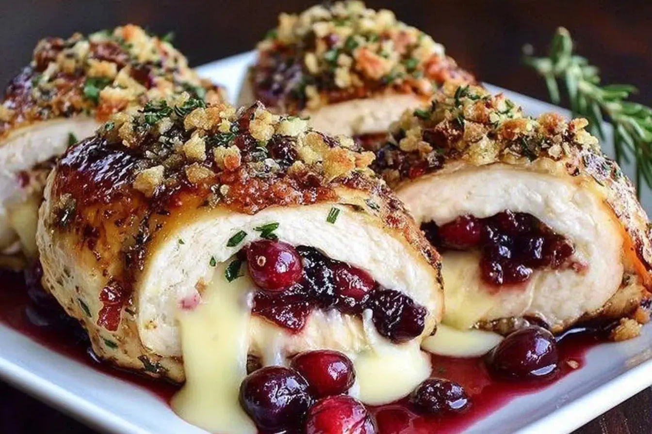 Cranberry Brie Stuffed Chicken with melted brie, tart cranberry sauce, and golden breadcrumb topping on a white plate.