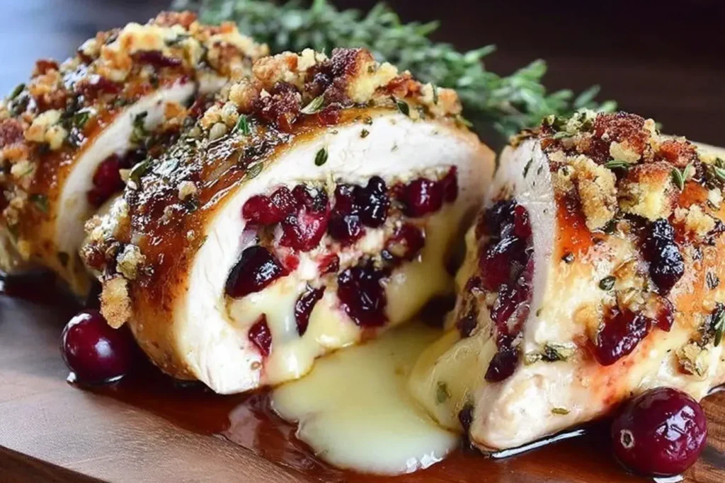 Cranberry Brie Stuffed Chicken sliced open with melted brie, juicy cranberries, and golden breadcrumb crust on a wooden board.