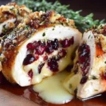 Cranberry Brie Stuffed Chicken sliced open with melted brie, juicy cranberries, and golden breadcrumb crust on a wooden board.