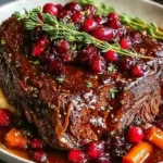 Slow-Braised Beef Roast with Cranberry Balsamic Glaze served with carrots, mashed potatoes, and fresh thyme.