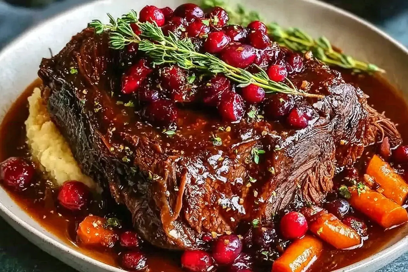 Slow-Braised Beef Roast with Cranberry Balsamic Glaze served with carrots, mashed potatoes, and fresh thyme.