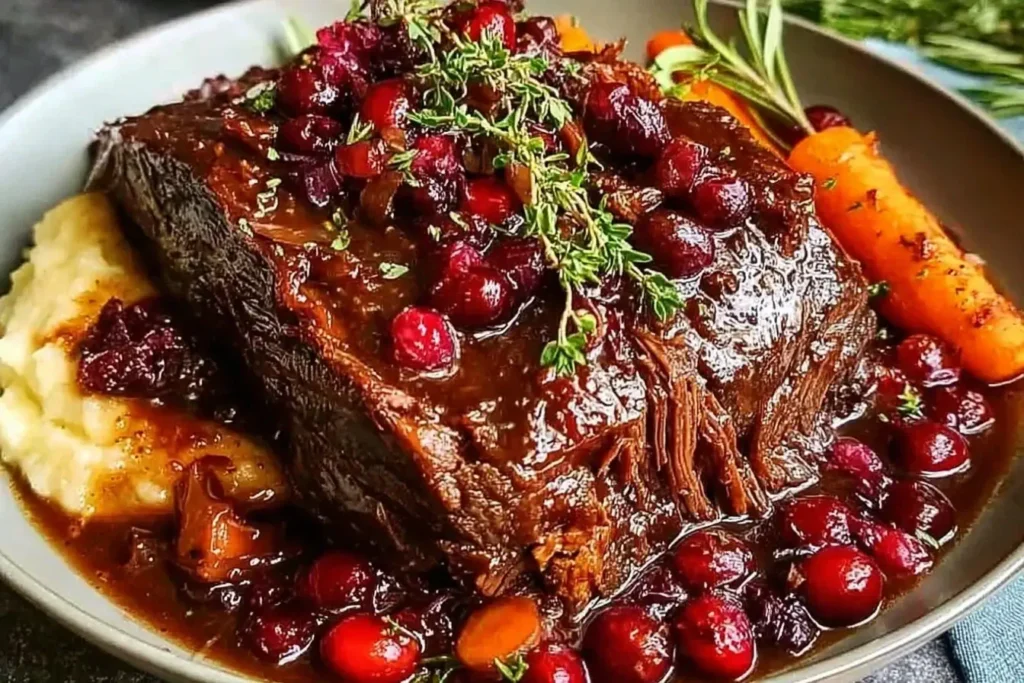 Slow-Braised Beef Roast with Cranberry Balsamic Glaze topped with fresh herbs, served over mashed potatoes with carrots and rich sauce.