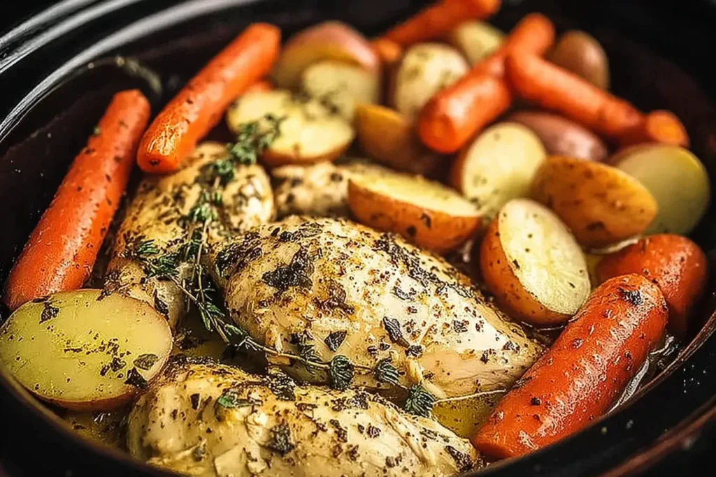 Slow Cooker Garlic Butter Chicken and Veggies with tender chicken breasts, carrots, and potatoes cooked in a flavorful garlic butter sauce.