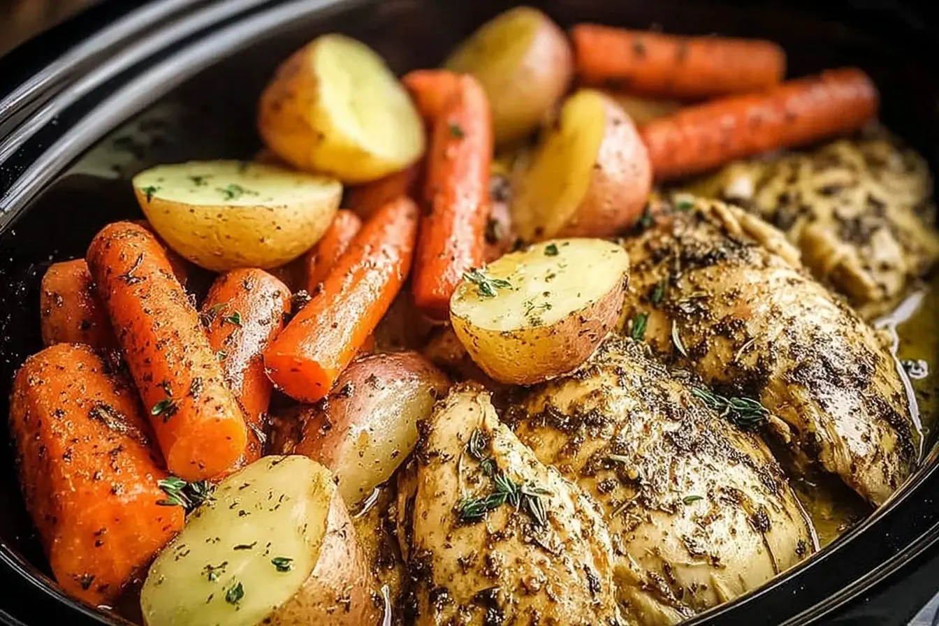 Slow Cooker Garlic Butter Chicken and Veggies with tender carrots and potatoes in a rich garlic butter sauce in a slow cooker.