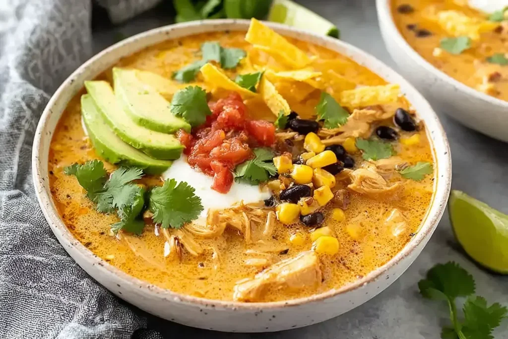 Creamy Chicken Tortilla Soup topped with avocado, corn, black beans, cilantro, tortilla strips, and salsa in a bowl