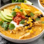 Creamy Chicken Tortilla Soup topped with avocado, corn, black beans, cilantro, tortilla strips, and salsa in a bowl