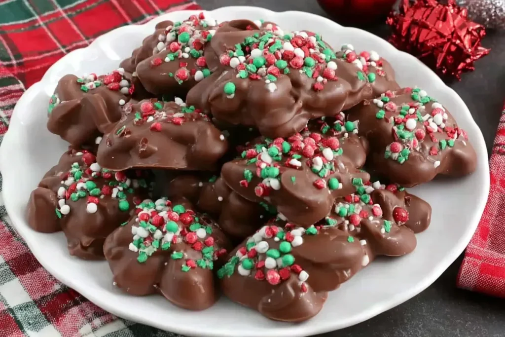 Christmas Crock Pot Candy stacked on a white plate and topped with festive red, green, and white sprinkles.