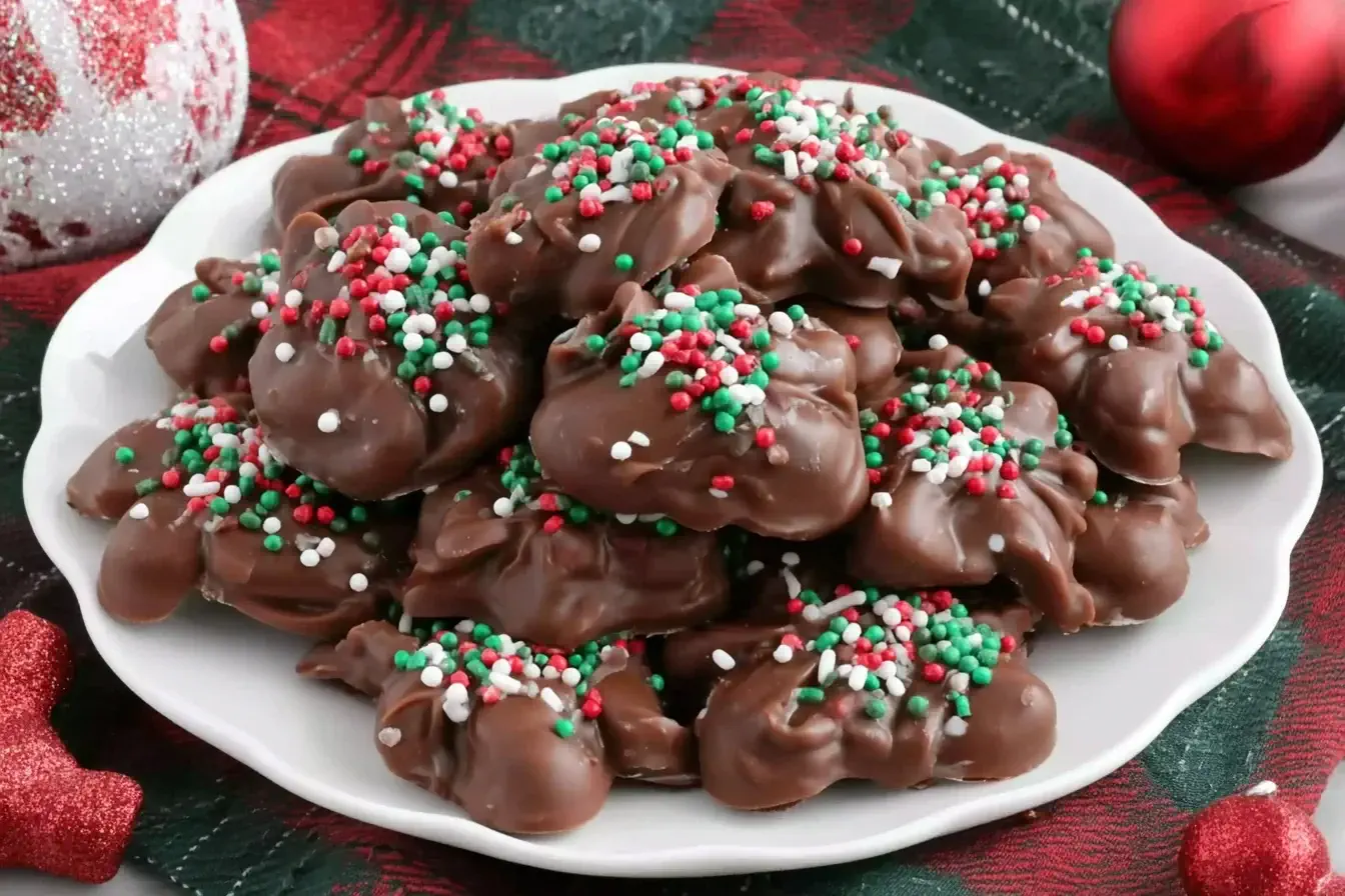 Christmas Crock Pot Candy topped with festive red, green, and white sprinkles displayed on a holiday plate.
