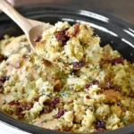Hearty Crockpot Chicken and Stuffing with tender chicken, golden stuffing, and cranberries being scooped from a slow cooker.