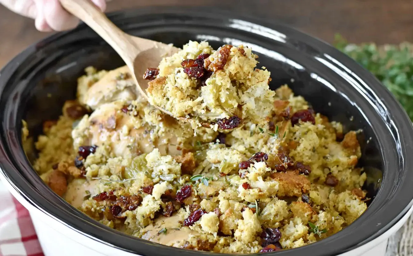 Hearty Crockpot Chicken and Stuffing with tender chicken, golden stuffing, and cranberries being scooped from a slow cooker.