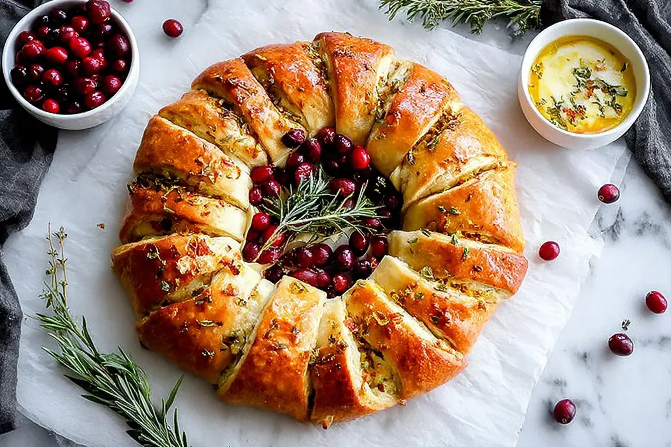 Cranberry Brie Crescent Wreath served on parchment paper with fresh cranberries and rosemary in the center.