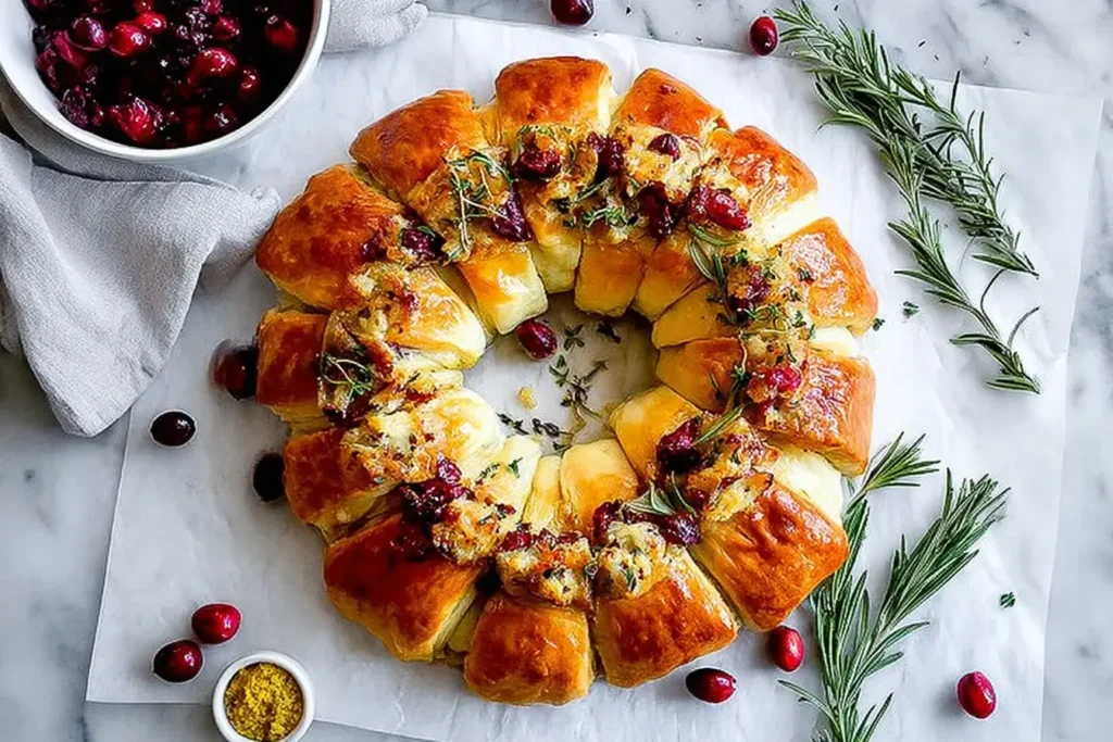 Golden Cranberry Brie Crescent Wreath topped with herbs and cranberries on parchment paper.