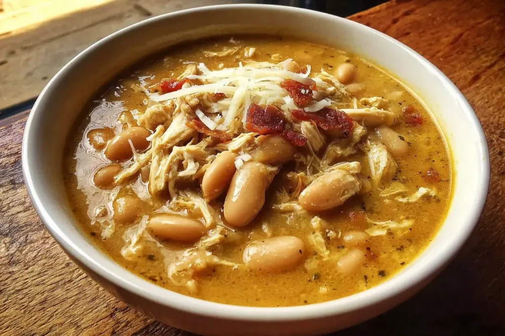 White Cheddar Apple Chicken Chili in a bowl topped with shredded cheese and crispy bits, showing tender chicken and white beans in a creamy broth.