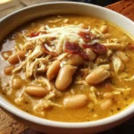 White Cheddar Apple Chicken Chili in a bowl topped with shredded cheese and crispy bits, showing tender chicken and white beans in a creamy broth.