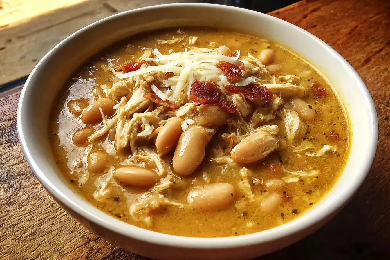 White Cheddar Apple Chicken Chili in a bowl topped with shredded cheese and crispy bits, showing tender chicken and white beans in a creamy broth.