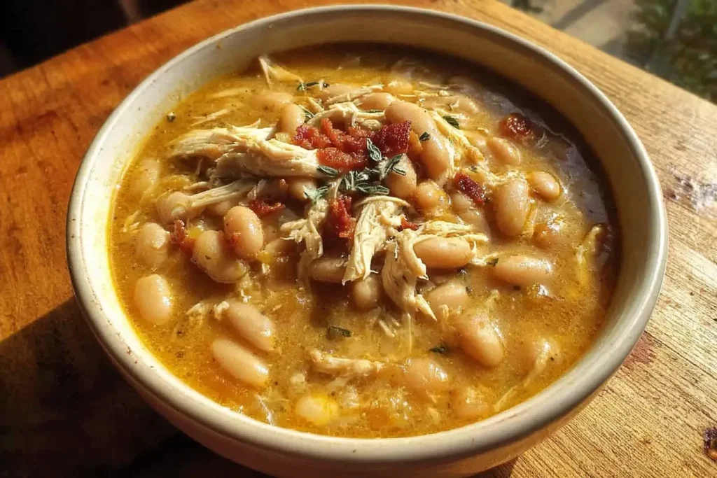 Bowl of White Cheddar Apple Chicken Chili with tender shredded chicken, white beans, and herbs in a rich, golden broth.