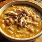 Bowl of White Cheddar Apple Chicken Chili with tender shredded chicken, white beans, and herbs in a rich, golden broth.