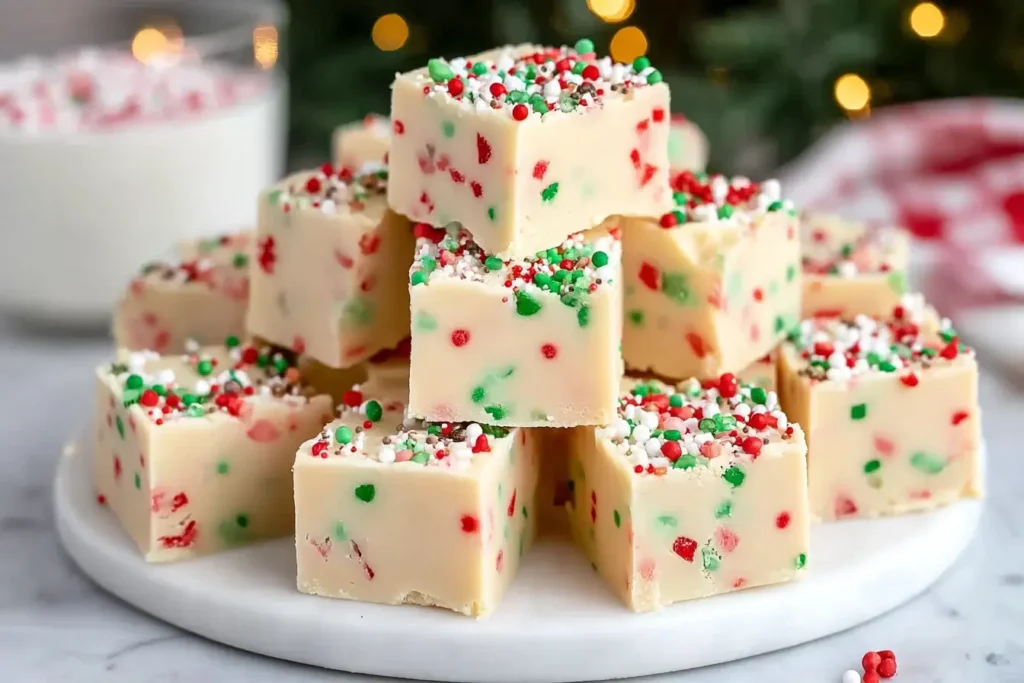 Stack of Sugar Cookie Christmas Fudge decorated with colorful red, green, and white holiday sprinkles on a white marble plate.