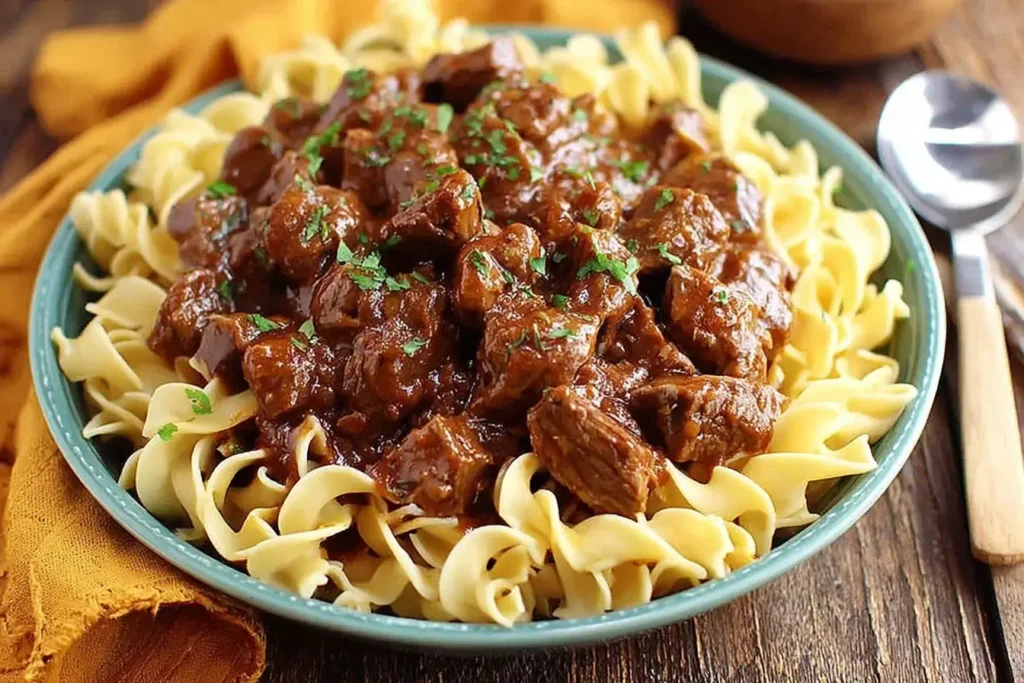 Slow Cooker Beef and Noodles served over egg noodles with tender beef and rich brown gravy