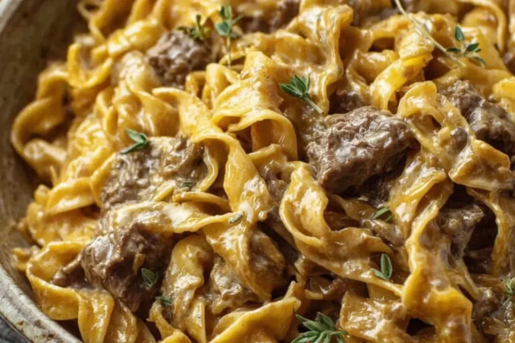 Creamy Crock Pot French Onion Beef And Noodles with tender beef chunks and egg noodles coated in rich onion gravy