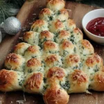 Freshly baked Cheesy Christmas Tree Bread arranged on a wooden board with a bowl of marinara sauce, perfect for a festive holiday appetizer.