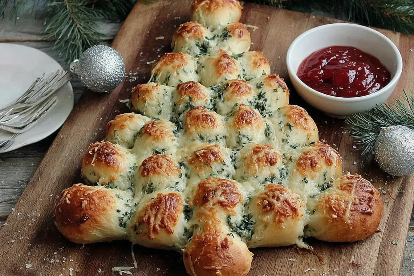 Freshly baked Cheesy Christmas Tree Bread arranged on a wooden board with a bowl of marinara sauce, perfect for a festive holiday appetizer.