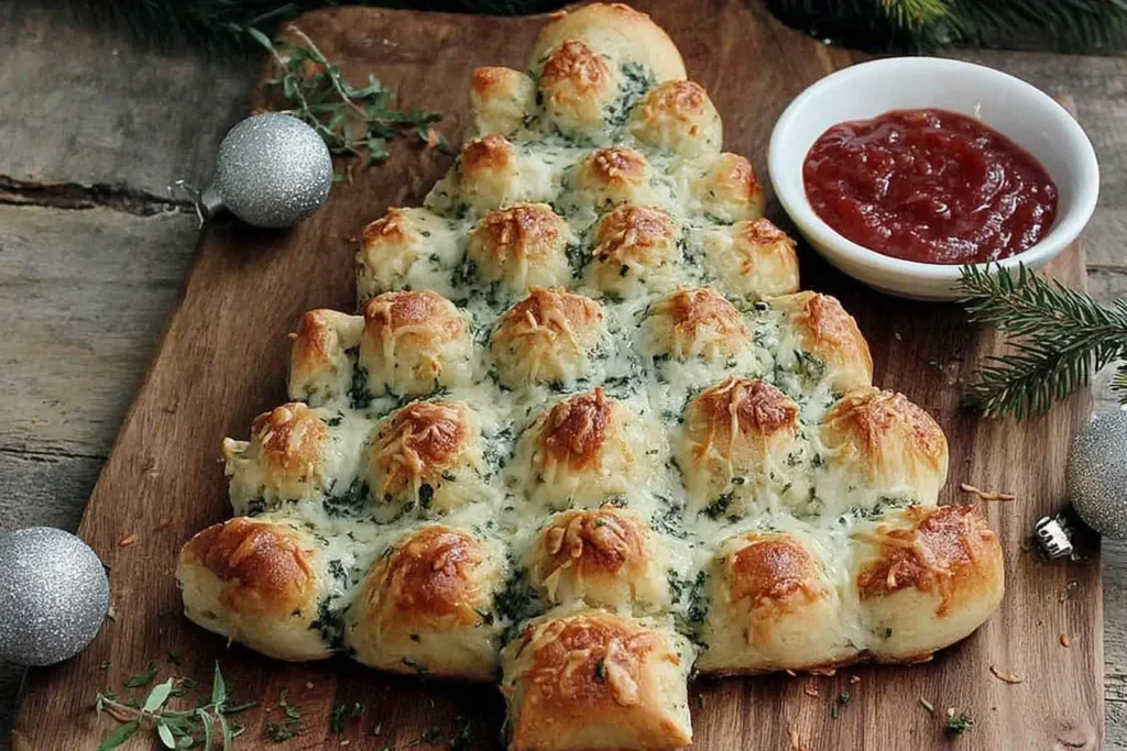 Cheesy Christmas Tree Bread arranged on a wooden board with melted cheese and herbs, served with marinara sauce for the perfect holiday appetizer.