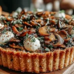 Close-up of a Pumpkin Sage and Mushroom Tart topped with sautéed mushrooms, herbs, and dollops of creamy ricotta.