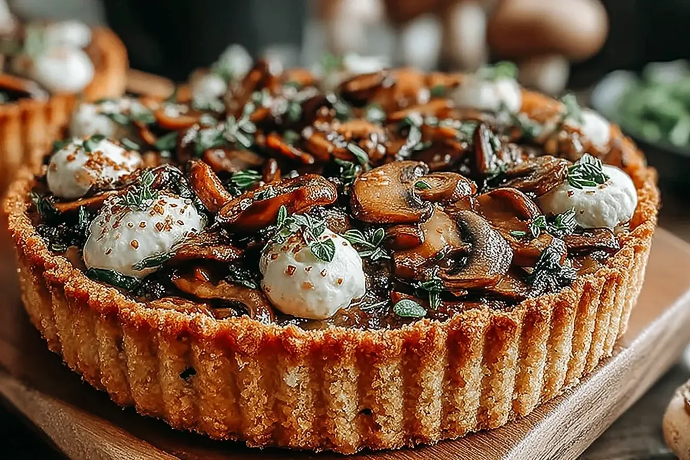 Close-up of a Pumpkin Sage and Mushroom Tart topped with sautéed mushrooms, herbs, and dollops of creamy ricotta.