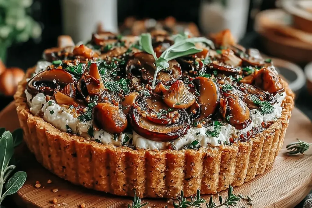 Close-up of a Pumpkin Sage and Mushroom Tart topped with caramelized mushrooms, fresh herbs, and creamy ricotta filling.