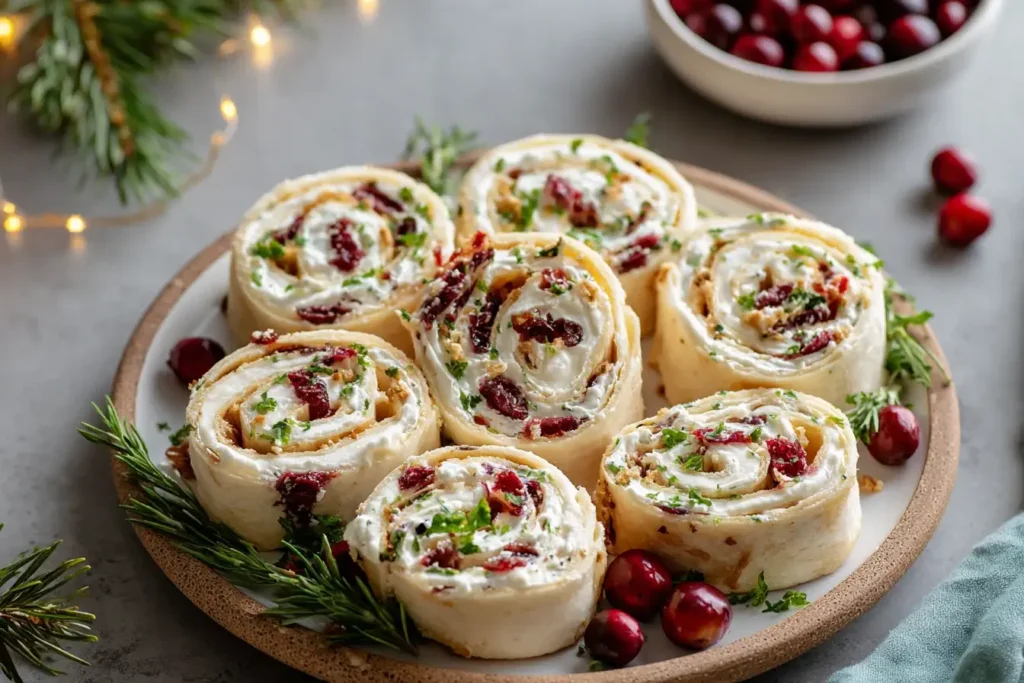 Savory Christmas Cranberry Roll Ups arranged on a holiday platter with cream cheese, feta, cranberries, and herbs for a festive appetizer display.