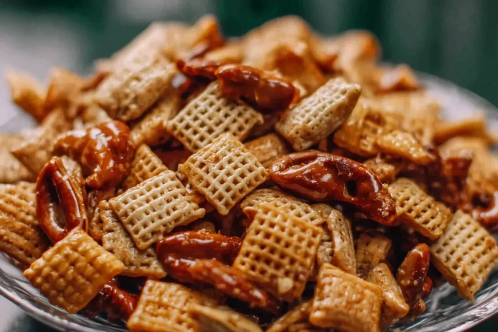 Addicting Toffee Chex Mix featuring crunchy cereal and caramel-glazed nuts