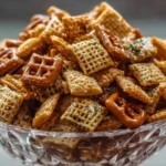 Addicting Toffee Chex Mix Recipe with pretzels and cereal pieces in a glass bowl