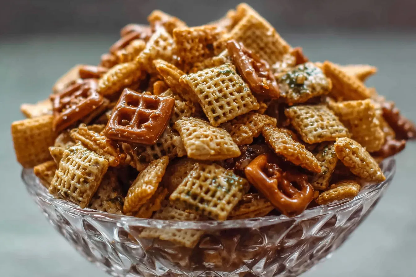 Addicting Toffee Chex Mix Recipe with pretzels and cereal pieces in a glass bowl