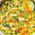 Anti Inflammatory Turmeric Chicken Soup garnished with fresh herbs and lime slices