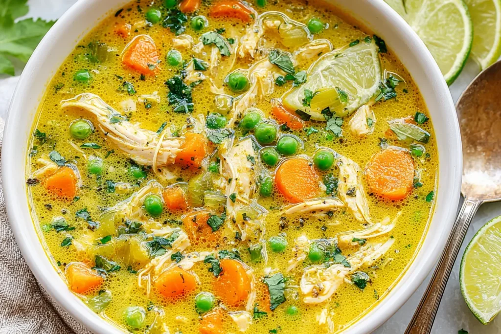 Anti Inflammatory Turmeric Chicken Soup with shredded chicken, carrots, peas, and herbs in a golden broth